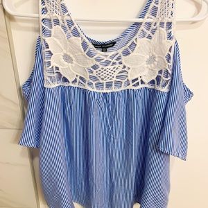 Unique Spectrum Womens Blue Striped Lace Cold Shoulder Blouse